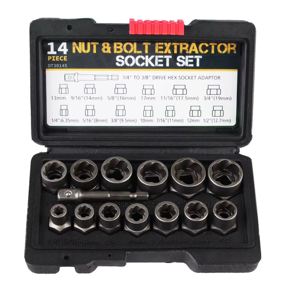 Damaged Screw Extractor Hand Tools 14Pcs Bolt Nut Remover Socket Set Cr-Mo Steel Car Tool Kit 6.35Mm-19Mm