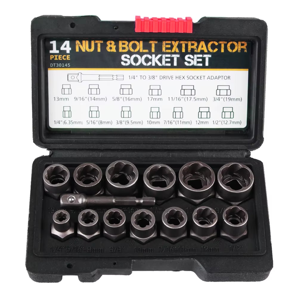 Damaged Screw Extractor Hand Tools 14Pcs Bolt Nut Remover Socket Set Cr-Mo Steel Car Tool Kit 6.35Mm-19Mm