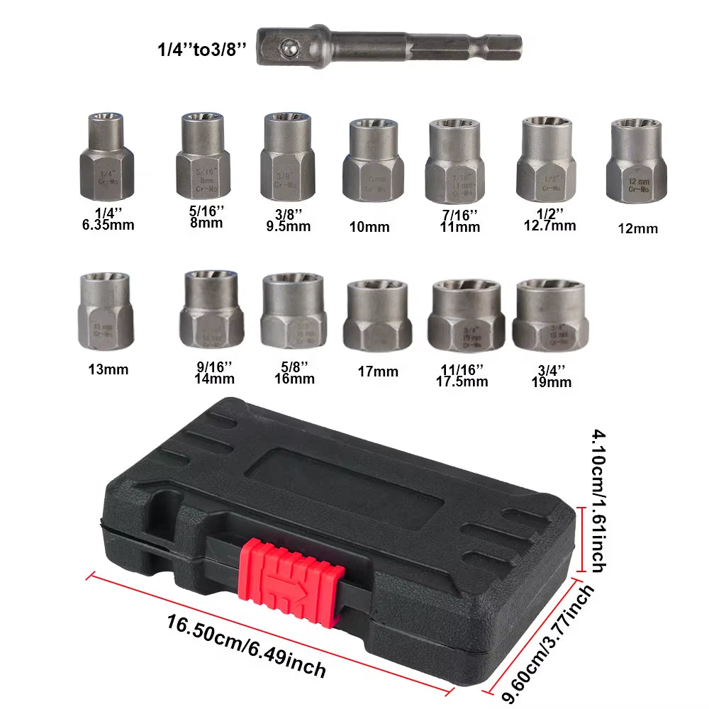 Damaged Screw Extractor Hand Tools 14Pcs Bolt Nut Remover Socket Set Cr-Mo Steel Car Tool Kit 6.35Mm-19Mm